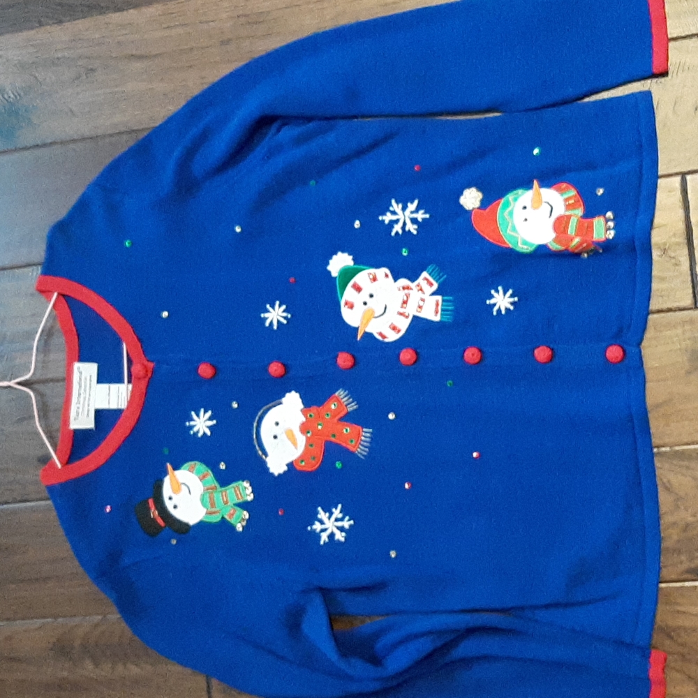 Vintage Blue with red trim Christmas snowman sweater- L